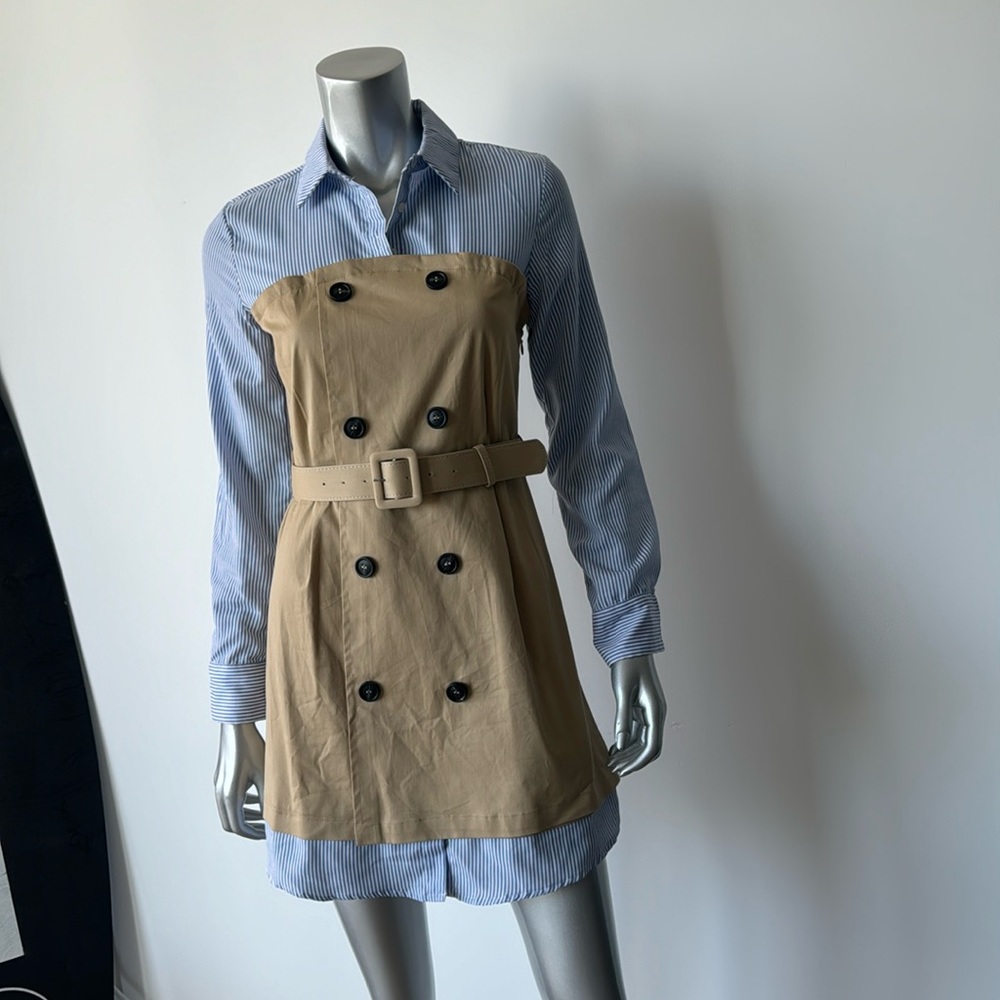 Long sleeve striped trench shirt style dress